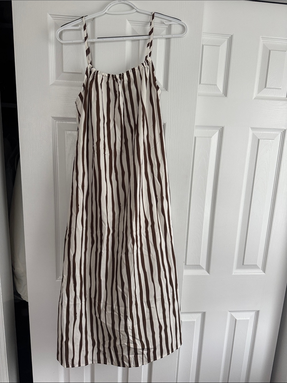 Brown and White Striped Sleeveless Maxi Dress